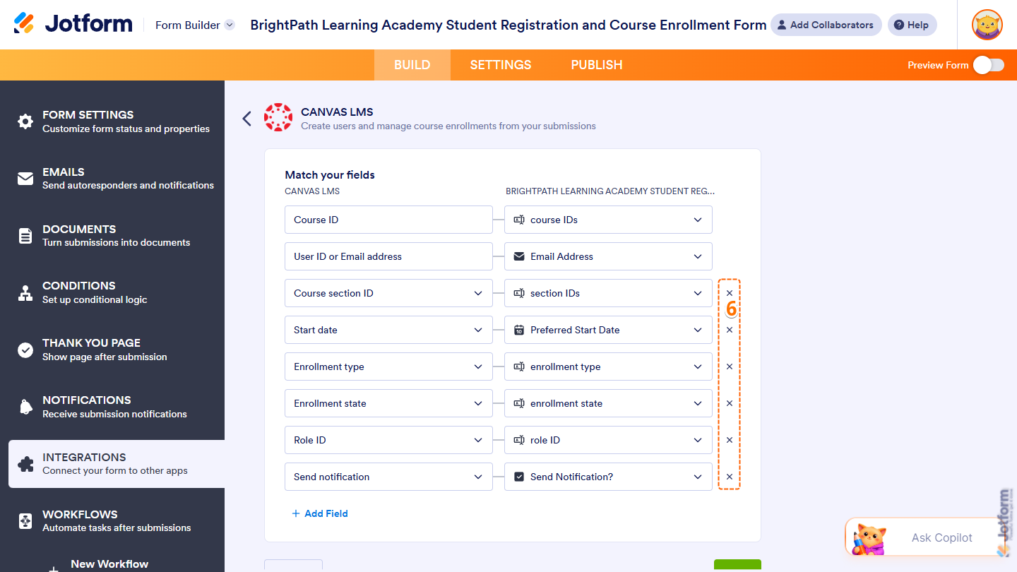 Delete Field buttons of the Match Your Fields setting for Create Enrollment action in the Canvas LMS section of Integrations under the Settings tab in Jotform Form Builder