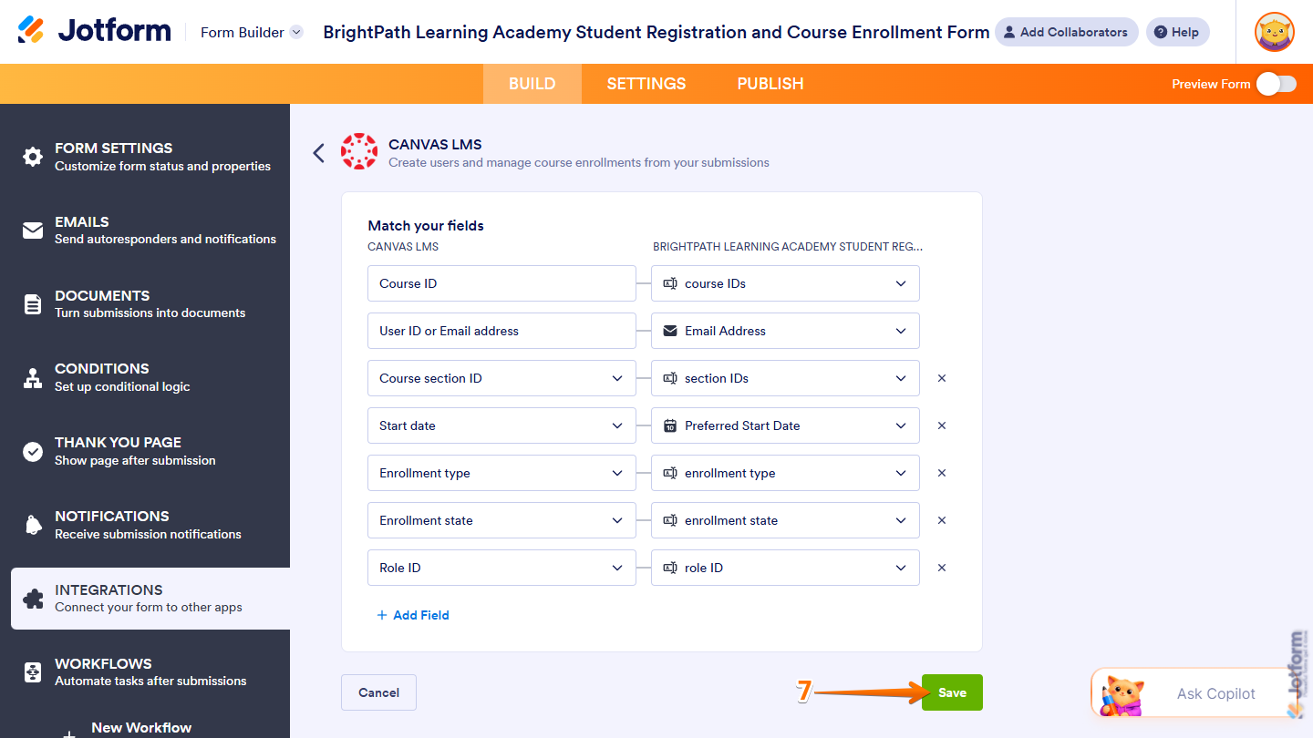 Save button in the Canvas LMS section of Integrations under the Settings tab in Jotform Form Builder