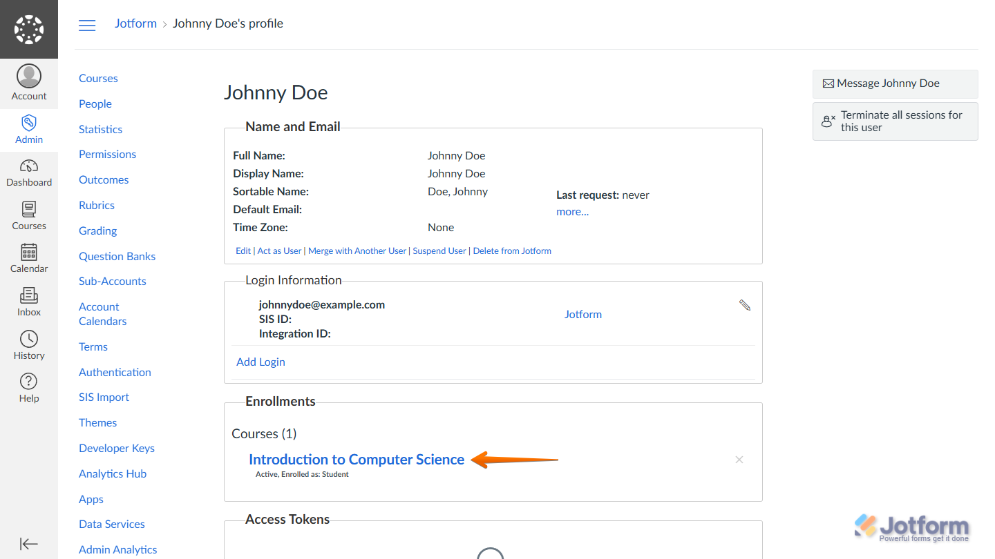 Example of a Student record enrolled in a course in Canvas with Jotform form submission
