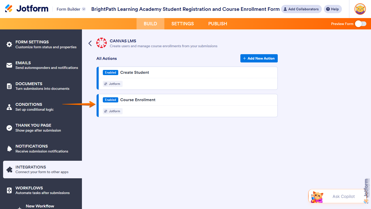New Create Enrollment action in the All Actions section of the Canvas LMS section of Integrations under the Settings tab in Jotform Form Builder