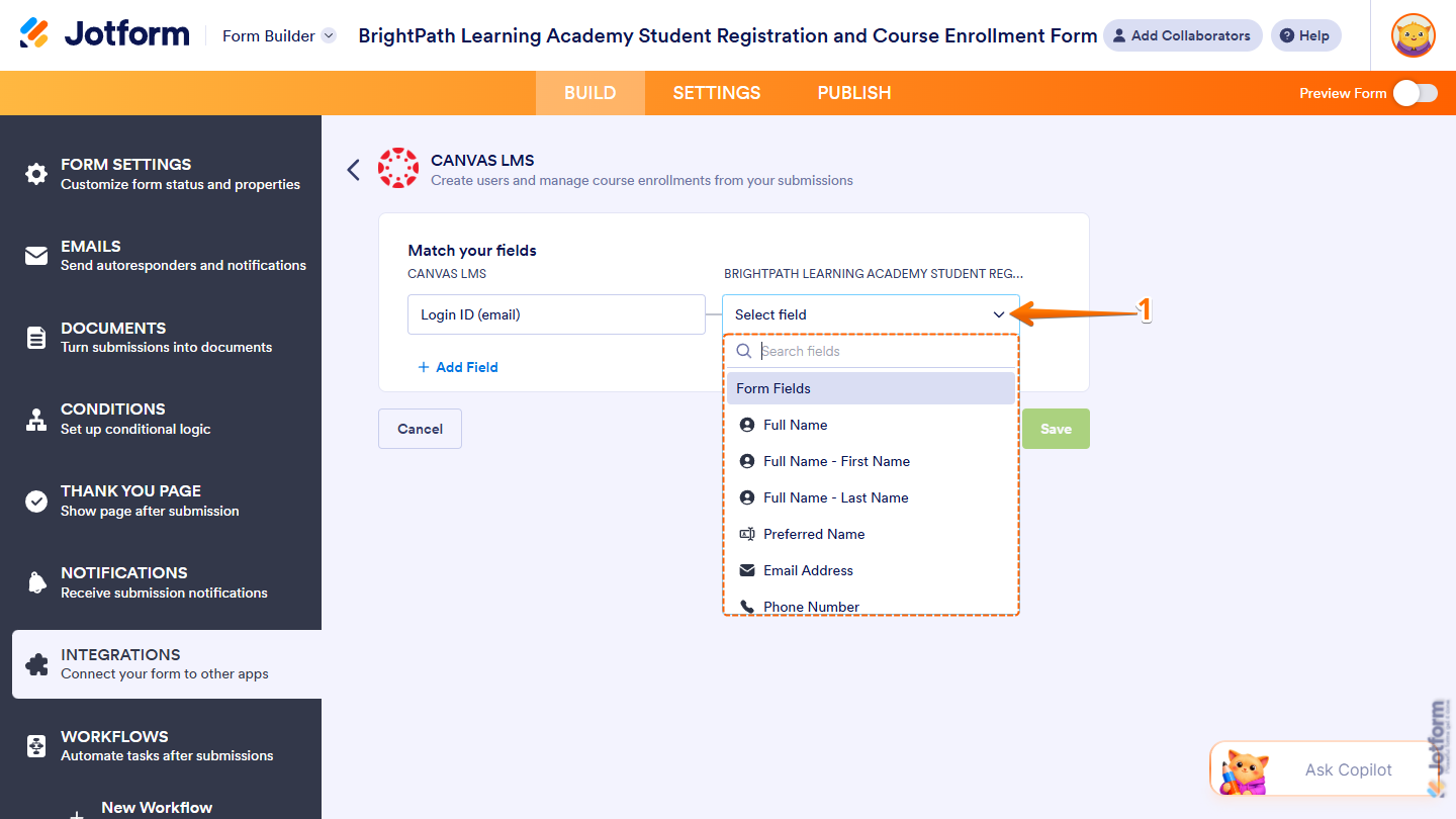 Login ID default Canvas field in Match Your Fields setting for Create Student action in the Canvas LMS section of Integrations under the Settings tab in Jotform Form Builder