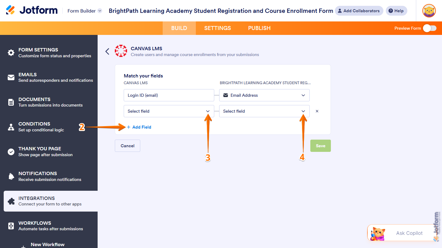 Add Field button and additional fields of the Match Your Fields setting for Create Student action in the Canvas LMS section of Integrations under the Settings tab in Jotform Form Builder