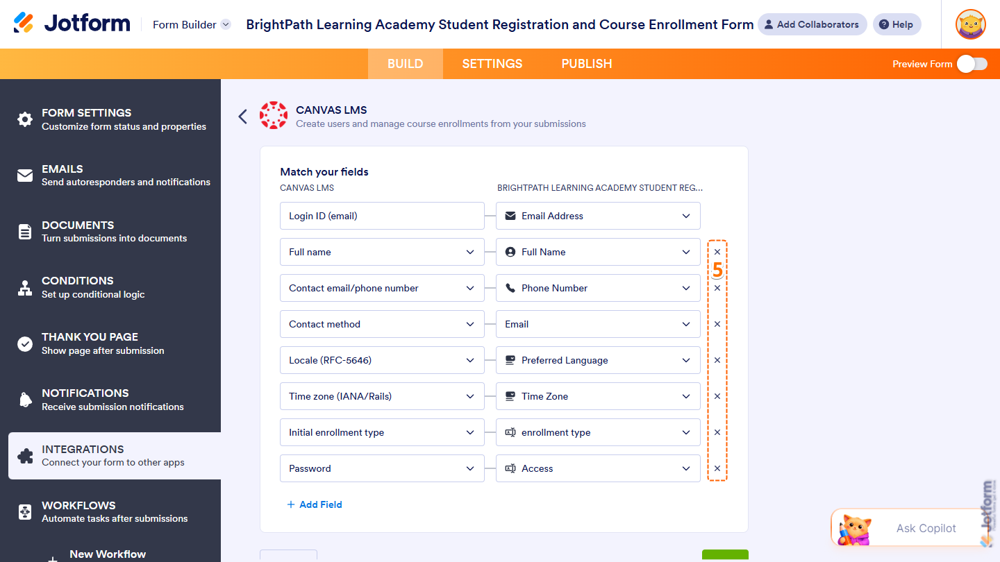 Delete Field buttons of the Match Your Fields setting for Create Student action in the Canvas LMS section of Integrations under the Settings tab in Jotform Form Builder