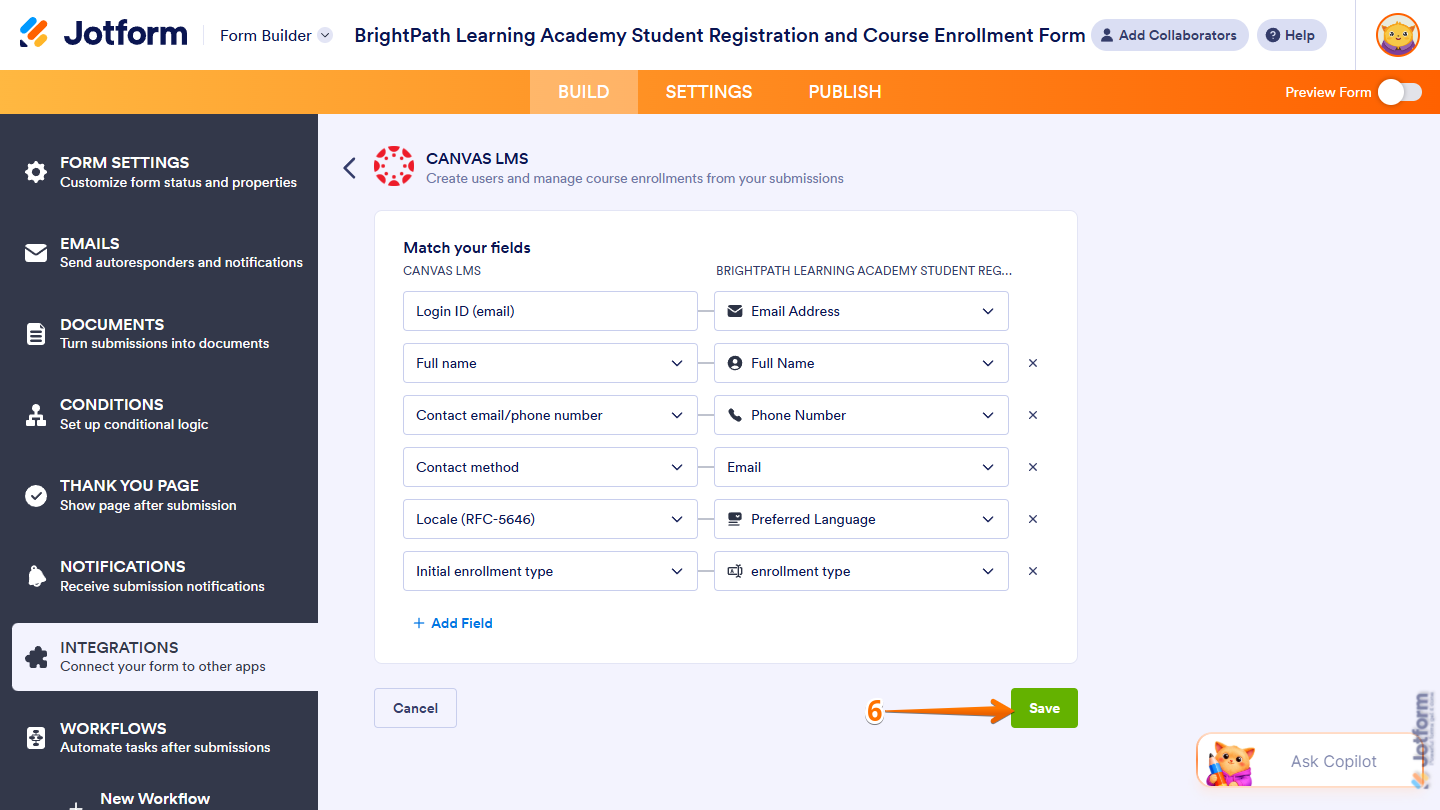 Save button in the Canvas LMS section of Integrations under the Settings tab in Jotform Form Builder