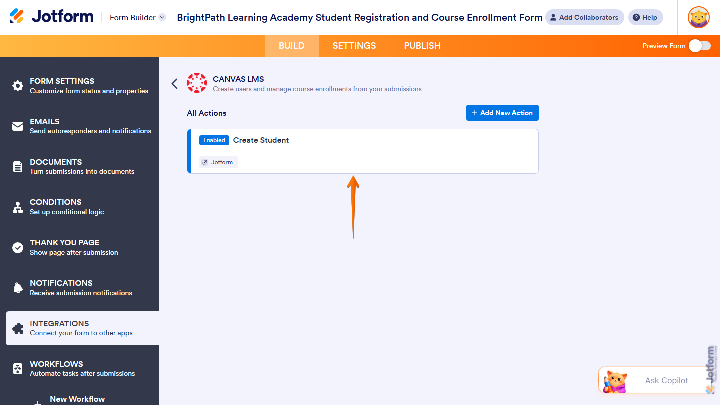 New Create Student action in the All Actions section of the Canvas LMS section of Integrations under the Settings tab in Jotform Form Builder