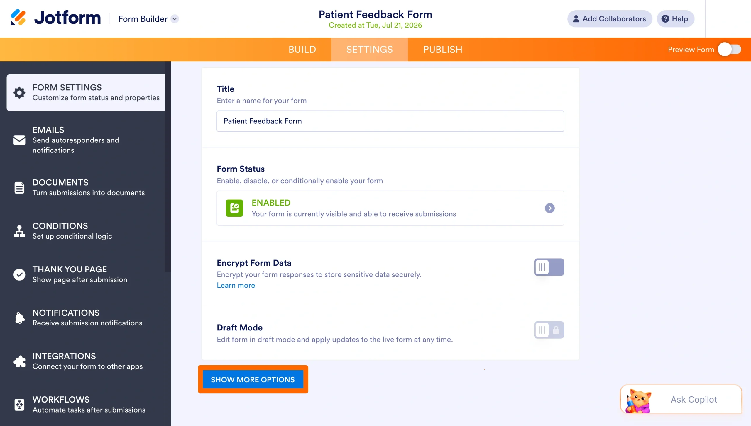 Jotform Form Settings panel with the Show More Options button highlighted