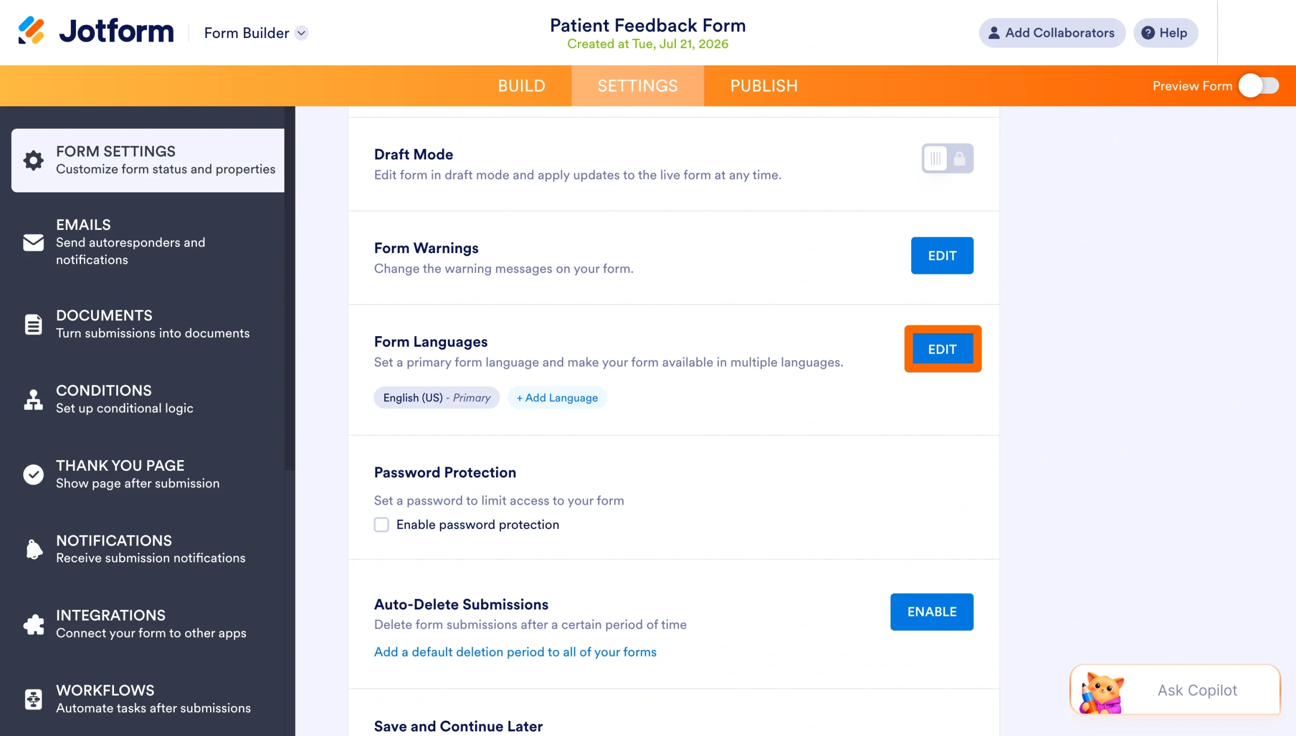 Jotform Form Languages section with the Edit button highlighted