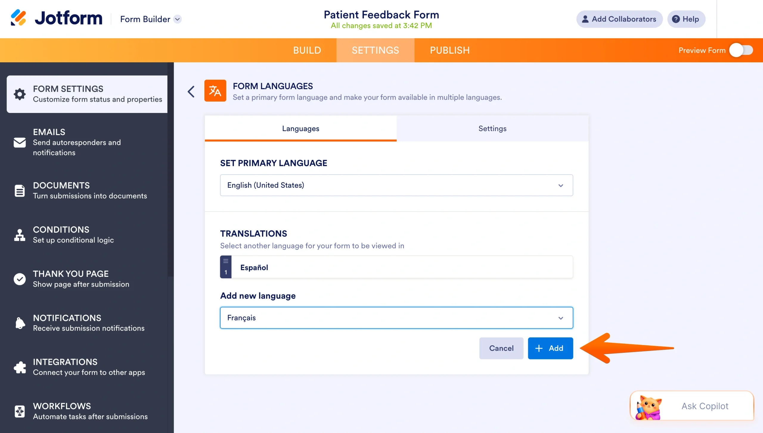 Jotform Form Languages settings with a new language selected and the Add button highlighted