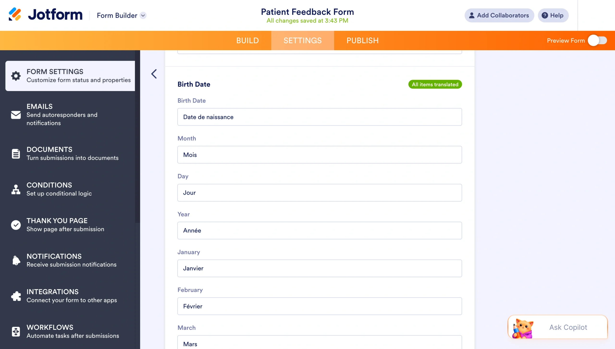 Jotform Field Translations tab showing translated form fields for review and editing