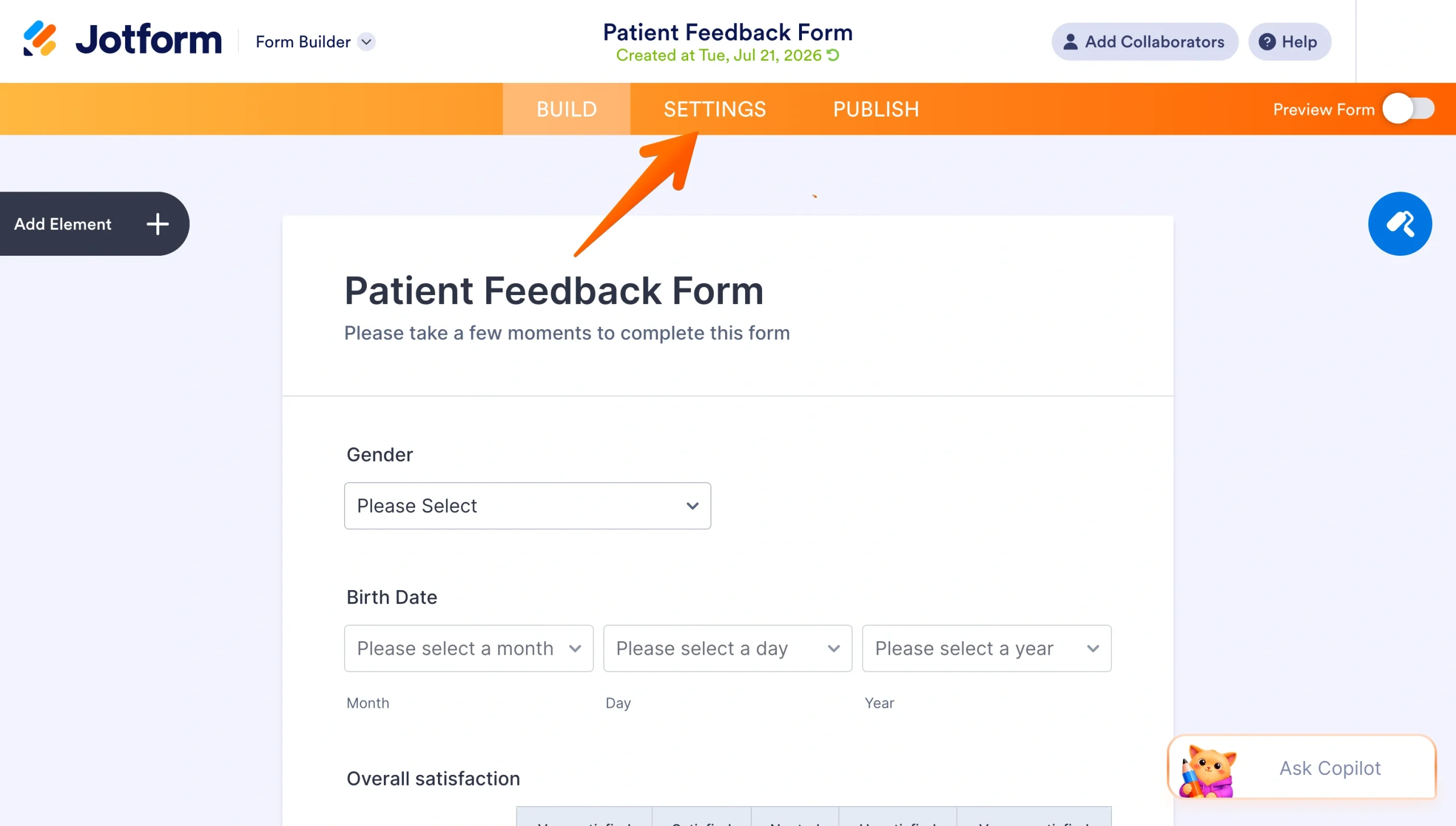Jotform Form Builder with the Settings tab highlighted in the top navigation