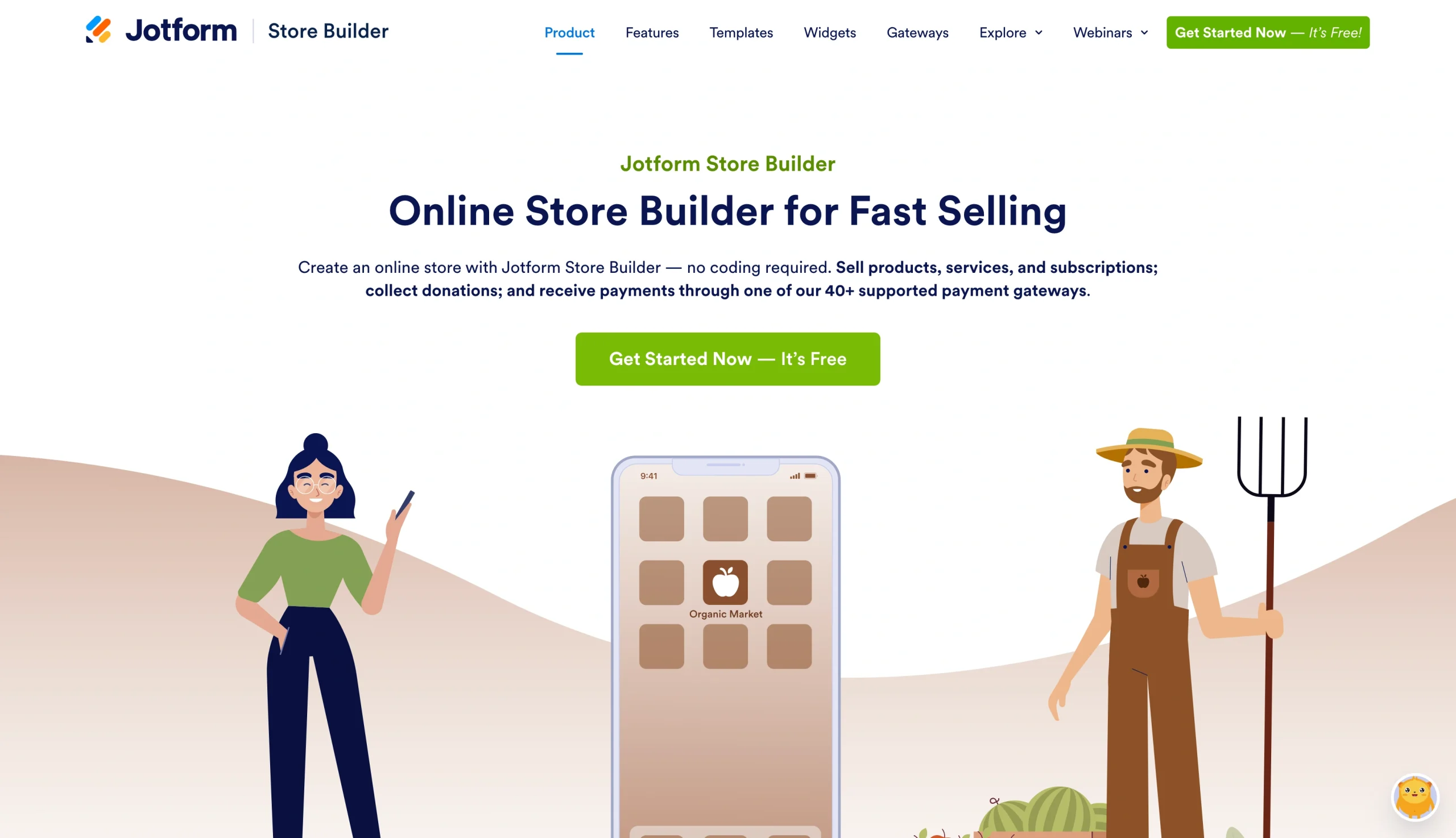 Screenshot of the Jotform Store Builder landing page, showing a headline "Online Store Builder for Fast Selling"