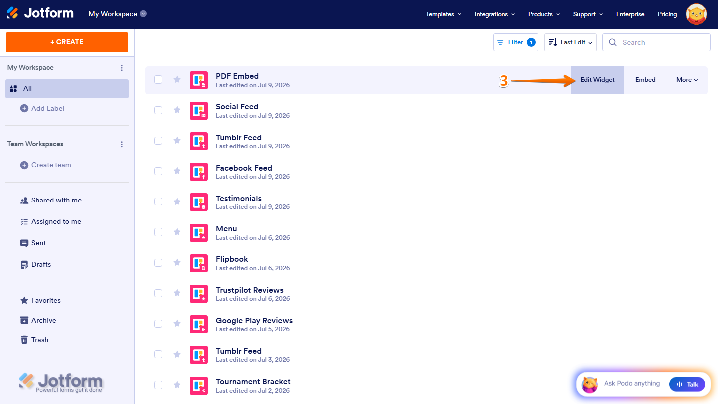Jotform Workspace displaying a filtered list of website widgets, with the Edit Widget option visible on the right side of a widget card to open it in the Website Widget Builder