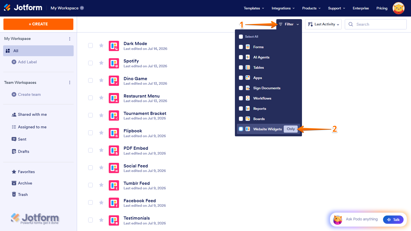 Jotform Workspace showing the Filter dropdown with the Website Widgets filter set to Only, displaying only website widget assets on the Workspace page