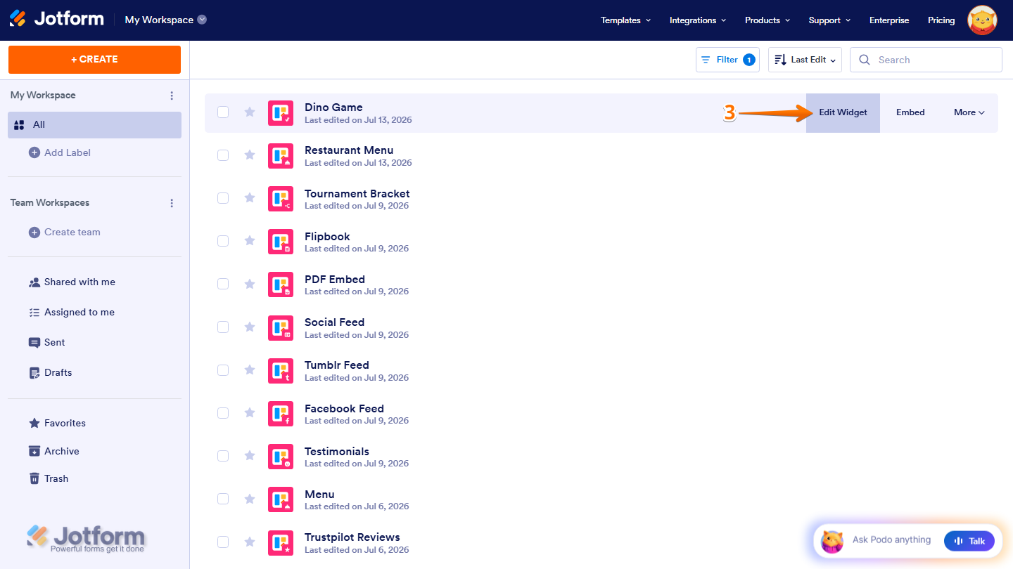 Jotform Workspace displaying a filtered list of website widgets, with the Edit Widget option visible on the right side of a Dino Game widget card to open it in the Website Widget Builder for editing