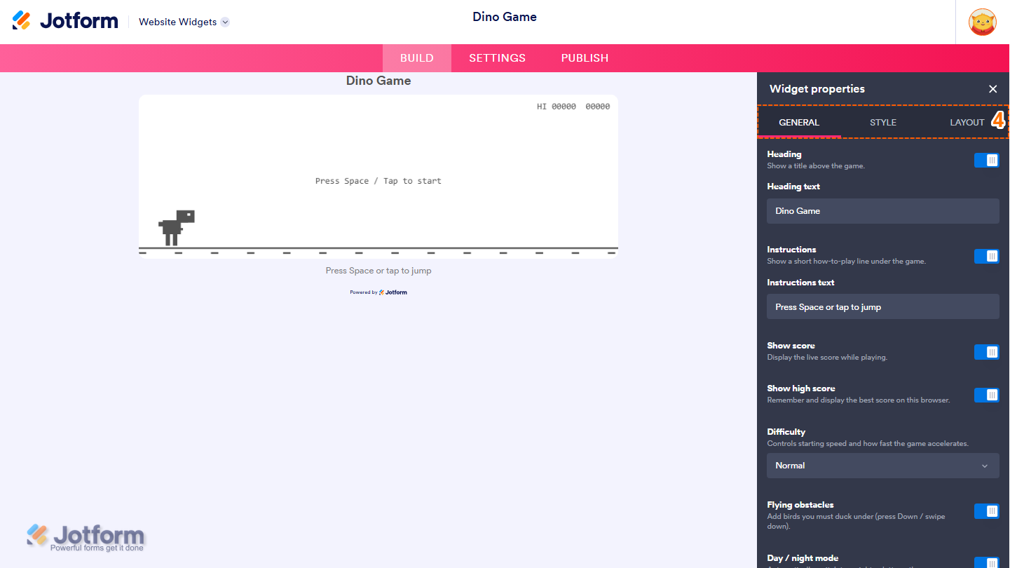 Jotform Website Widget Builder displaying the Widget Properties panel with the General, Style, and Layout tabs open, allowing users to edit the appearance, gameplay, and display settings of the Dino Game widget