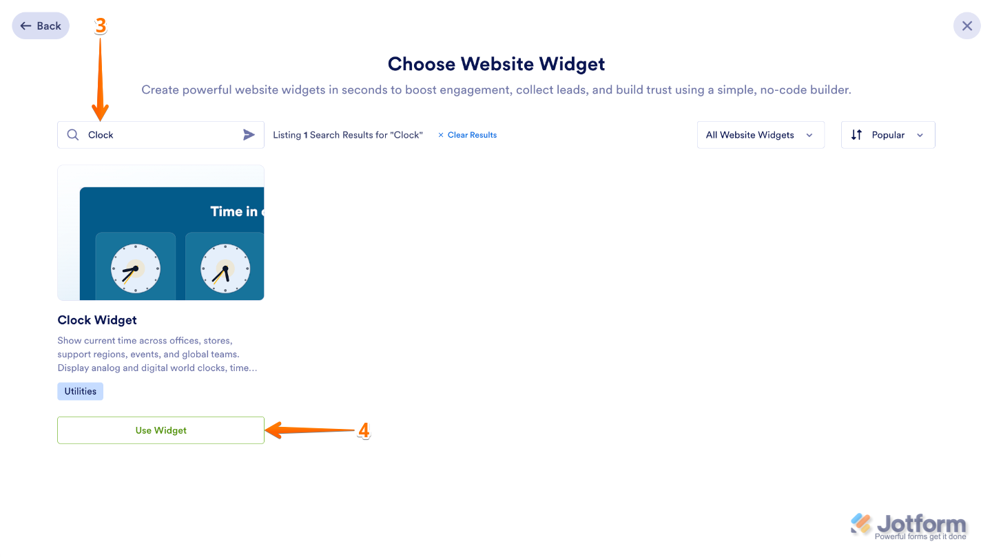 Searching for the Clock widget on the Choose Website Widget page and selecting Use Widget