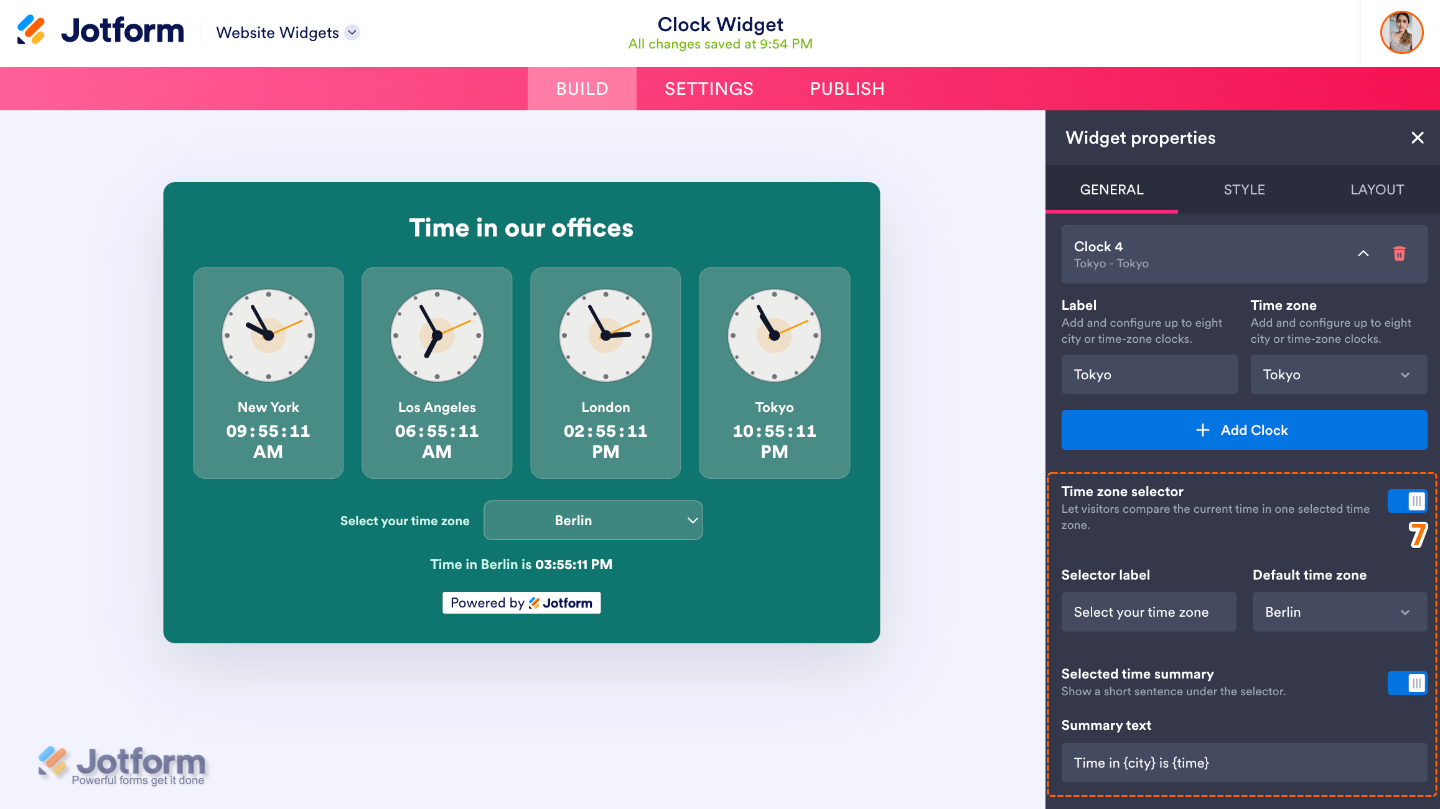 Configuring the Clock widget by enabling the time zone selector, choosing a default time zone, and customizing the selector and summary text