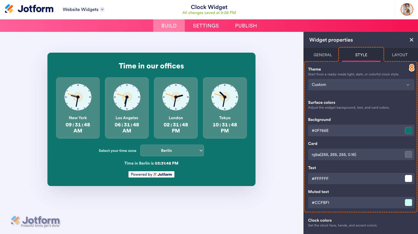 Customizing the Clock widget by selecting a theme and configuring background, card, primary text, and muted text colors