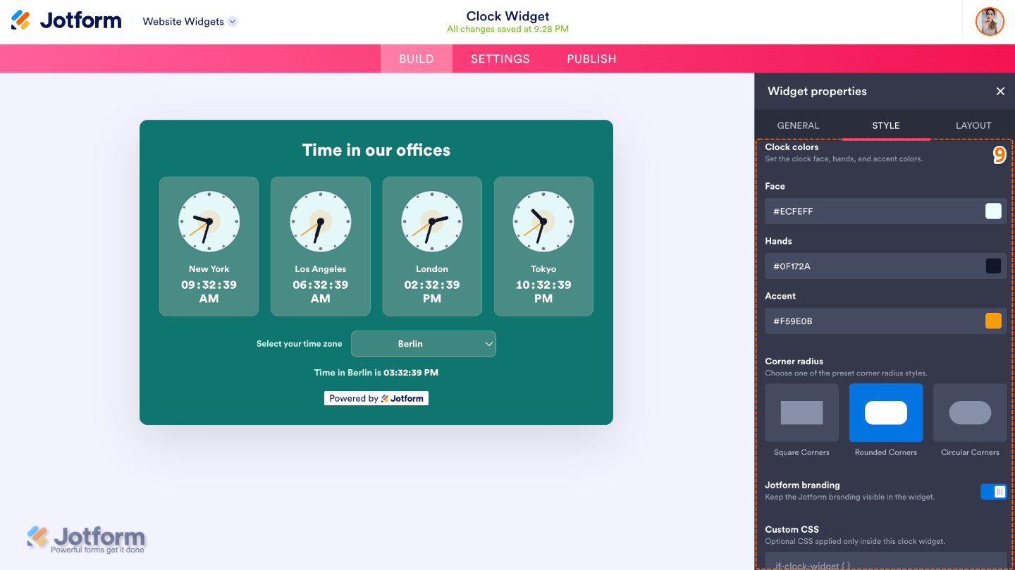 Customizing the Clock widget by configuring clock face and hand colors, accent color, corner radius, branding, and custom CSS