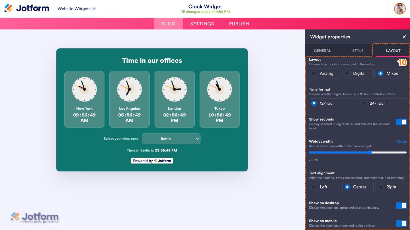Configuring the Clock widget by adjusting the layout, time format, seconds display, widget width, text alignment, and device visibility