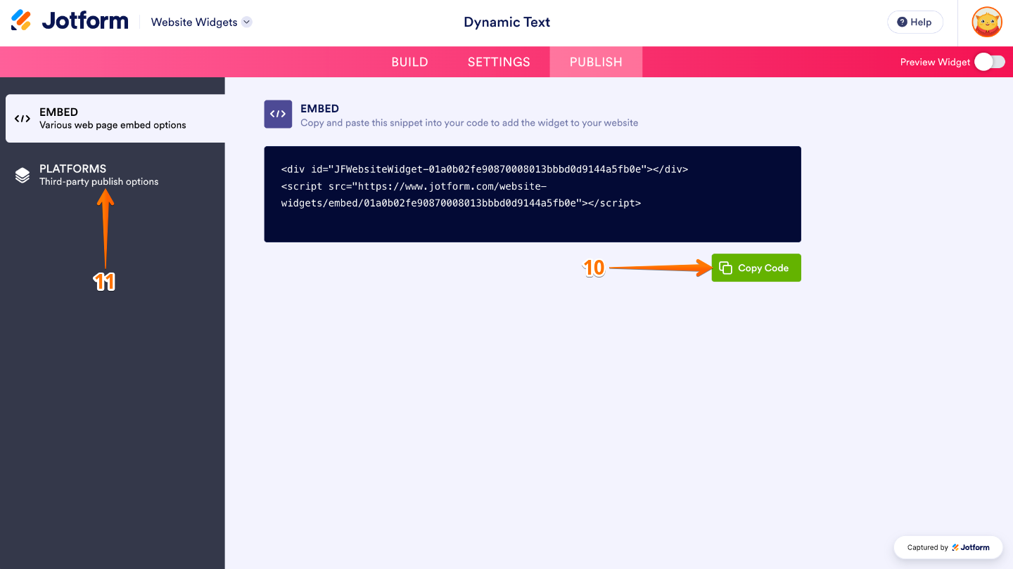 Website Widgets Embed section showing the Copy Code button for copying the animated text widget’s embed code, with the Platforms option in the left-side menu for viewing platform-specific embedding instructions