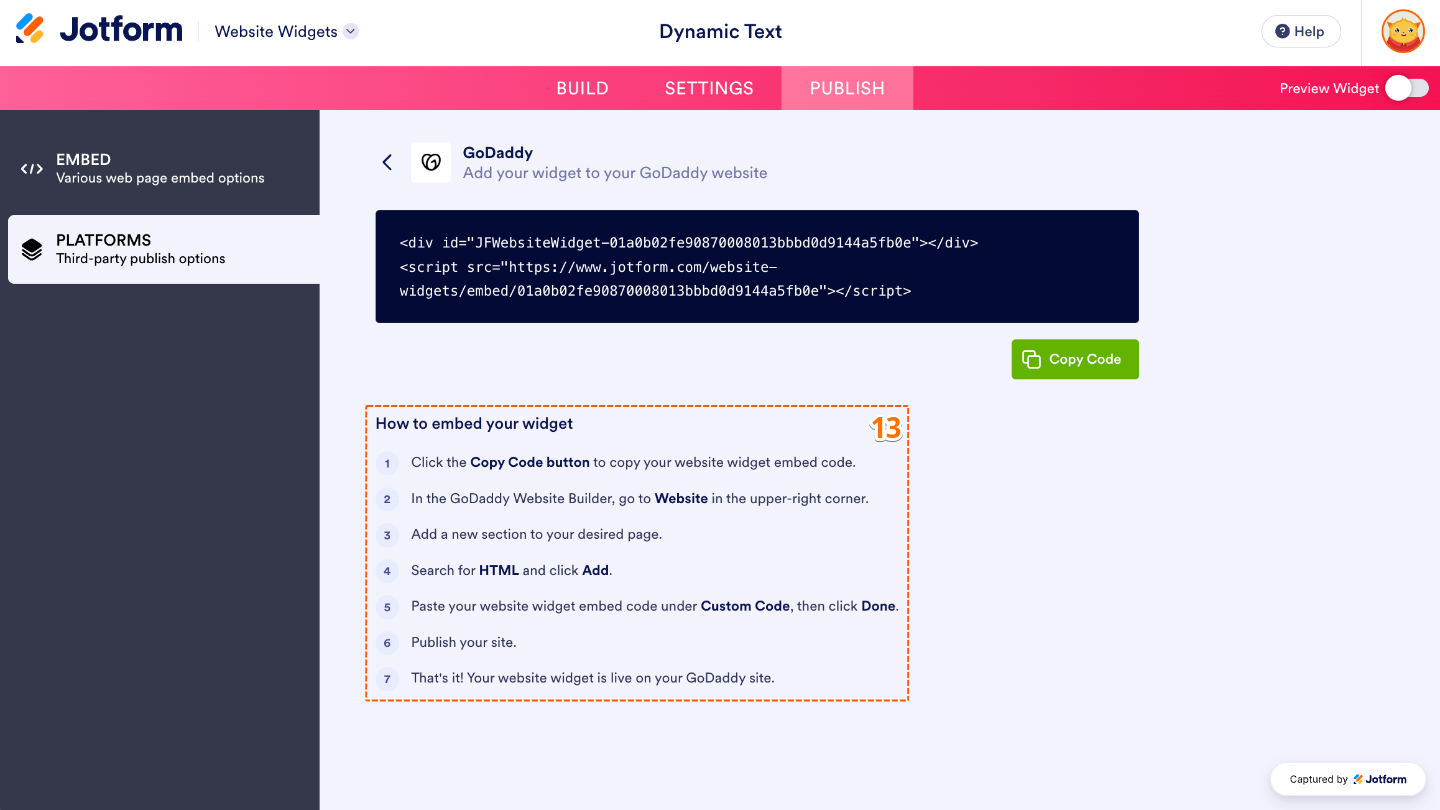 Website Widgets How to Embed Your Widget section displaying step-by-step instructions for adding the animated text widget to your website