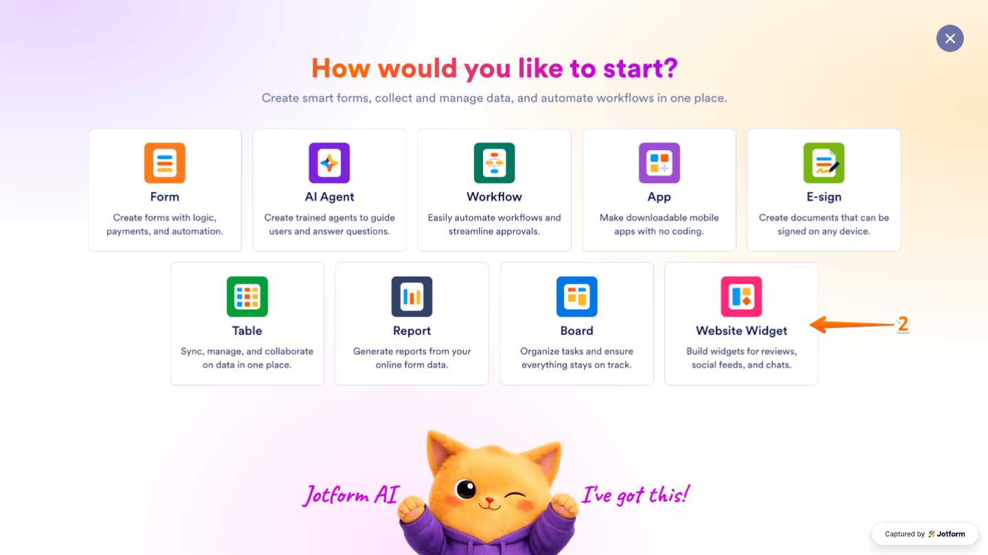 Create menu displaying the Website Widget option for creating a new website widget