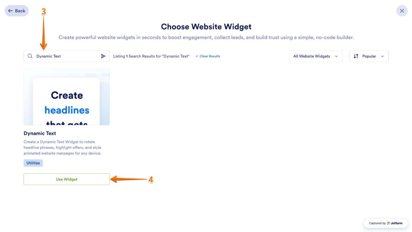 Searching for the Dynamic Text widget on the Choose Website Widget page and selecting Use Widget