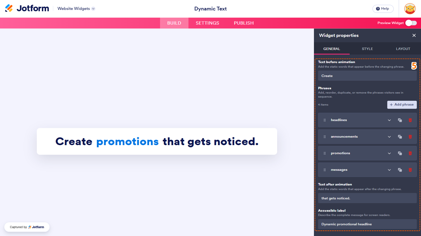 Website Widgets Widget Properties menu showing the Text Before Animation, Phrases, Text After Animation, and Accessible Label settings for customizing the animated text, managing phrases with Add Phrase, Downward Arrow, Duplicate, and Trash Can icons, and adding a descriptive label for screen readers