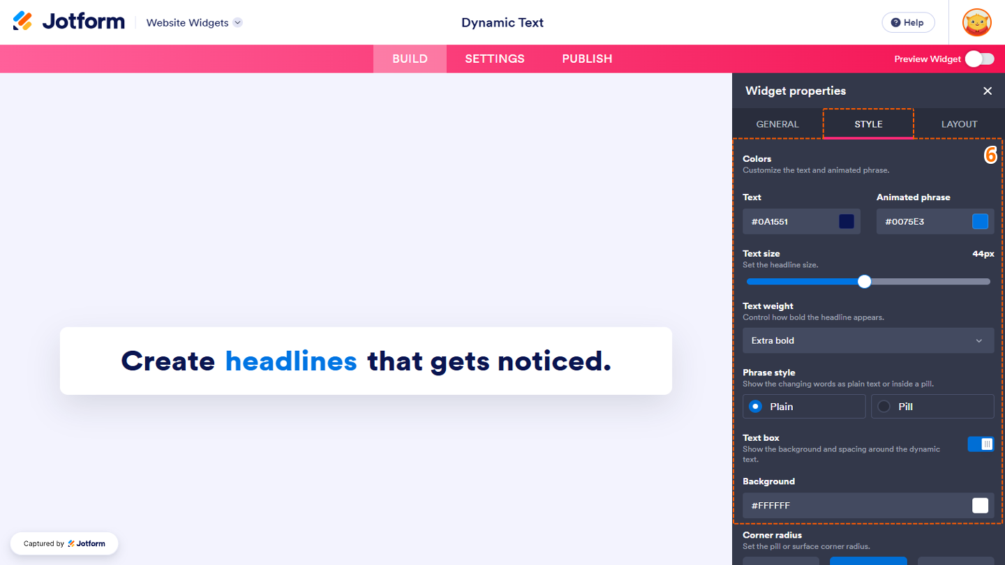 Website Widgets Styles tab showing the Colors settings for Text and Animated Phrase, along with Text Size, Text Weight, Phrase Style, Text Box, and Background options for customizing the widget’s text colors, size, weight, animation effect, text box appearance, and background color