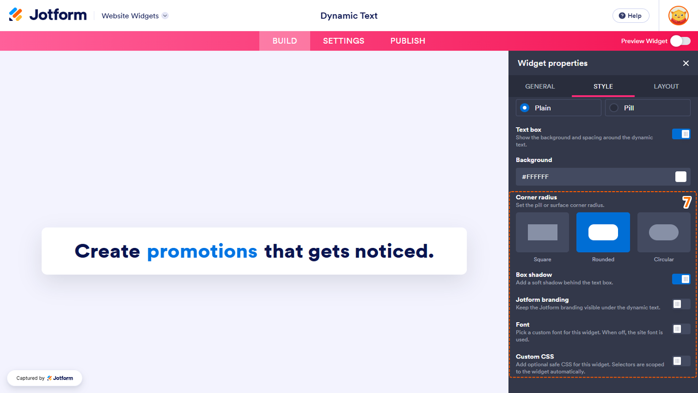 Website Widgets Styles tab showing the Corner Radius, Box Shadow, Jotform Branding, Font, and Custom CSS settings for adjusting the widget’s rounded corners, adding a shadow, showing or hiding Jotform branding, matching the website’s font, and applying custom CSS styles