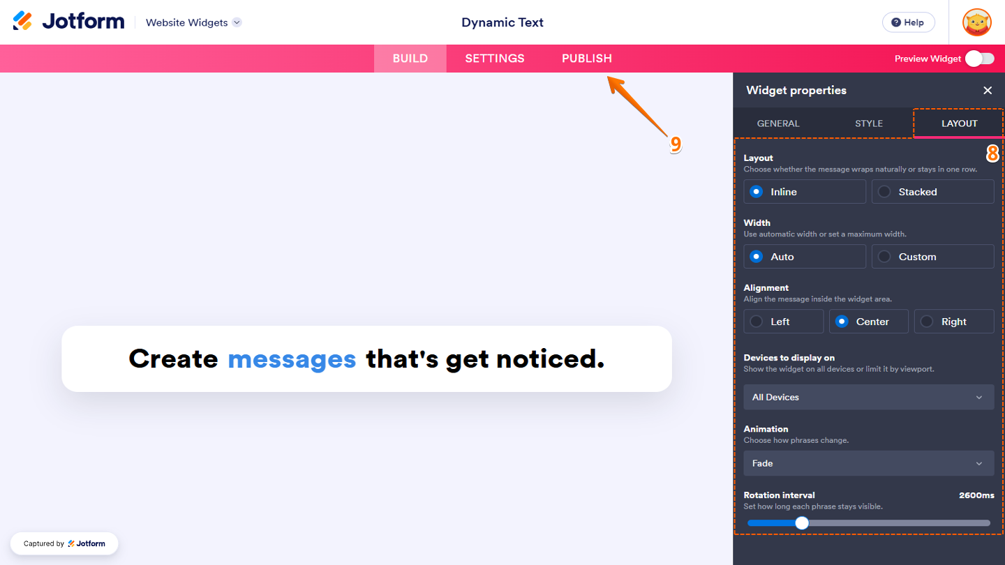 Website Widgets Layout tab showing the Layout, Width, Alignment, Devices to Display On, Animation, and Rotation Interval settings for customizing the text arrangement, widget width, text alignment, device visibility, animation effect, and phrase display duration, with the Publish button in the pink navigation bar at the top of the page