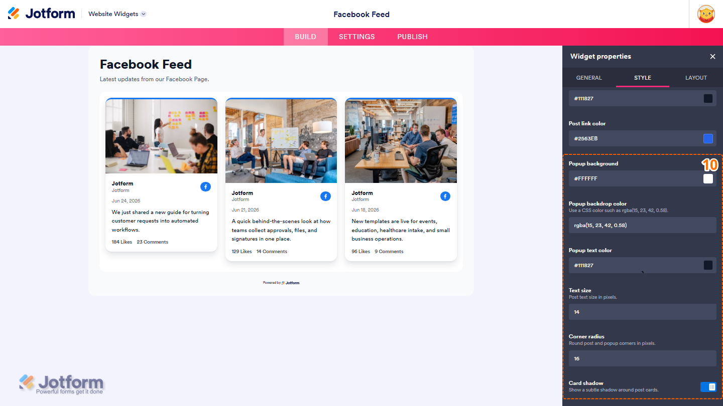 Jotform Website Widget Builder displaying the Style tab with appearance settings for Popup Background, Popup Backdrop Color, Popup Text Color, Text Size, Corner Radius, and Card Shadow to customize the Facebook Feed widget