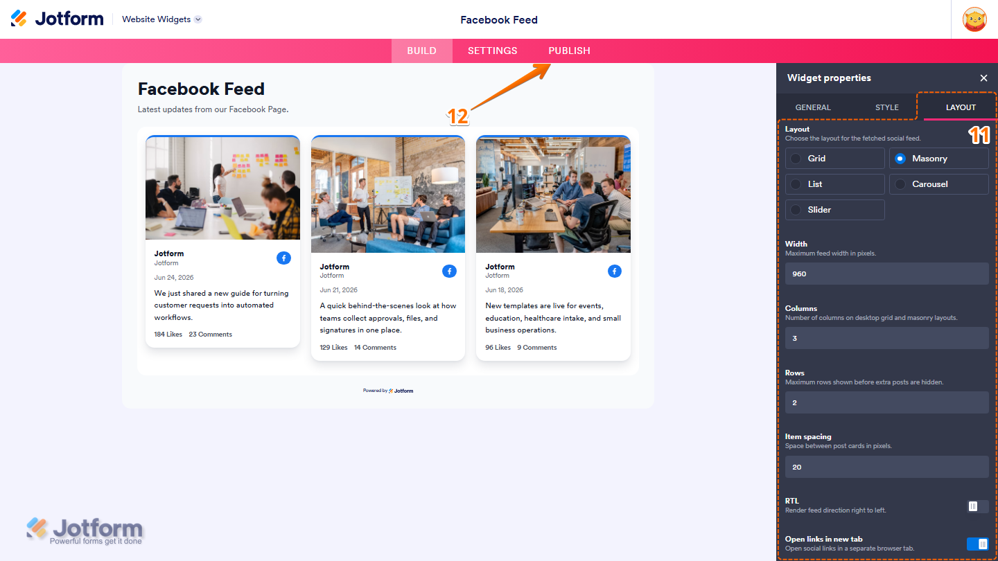 Jotform Website Widget Builder displaying the Layout tab with settings for Layout, Widget Width, Columns, Rows, Item Spacing, Post Limit, and other display options for customizing the Facebook Feed widget, with the Publish button available in the top navigation bar