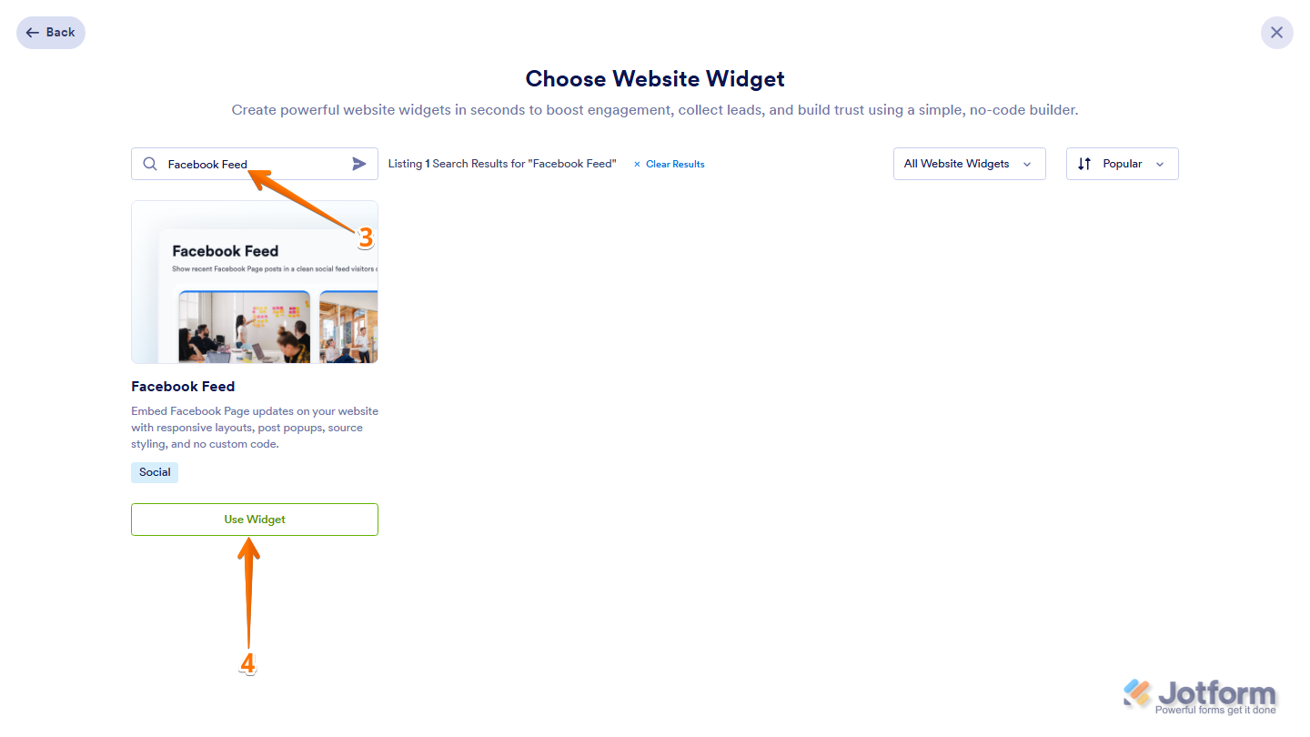 Jotform Choose Website Widget page displaying the Search bar with Facebook Feed entered and the Use Widget button selected from the search results to launch the Facebook Feed widget