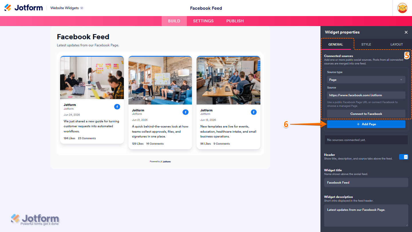 Jotform Website Widget Builder displaying the Widget Properties panel under the General tab with Connected Sources settings, including Source Type set to Facebook, the Source field for entering a Facebook Page URL or connecting an account, and the Add Page button
