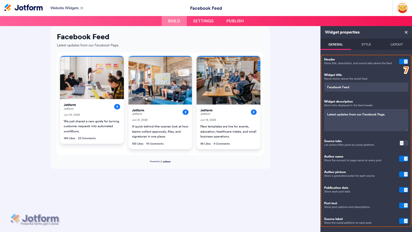Jotform Website Widget Builder displaying the General tab with display options for Header, Widget Title, Widget Description, Source Tabs, Author Name, Author Picture, Publication Date, Post Text, and Source Label to customize the Facebook Feed widget