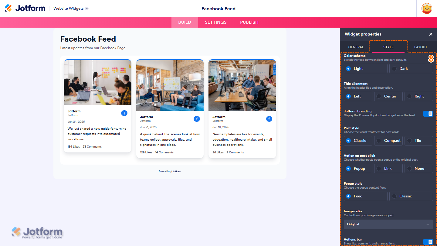 Jotform Website Widget Builder displaying the Style tab with customization options for Color Scheme, Title Alignment, Jotform Branding, Post Style, Action on Post Click, Popup Style, Image Ratio, and Actions Bar to personalize the Facebook Feed widget