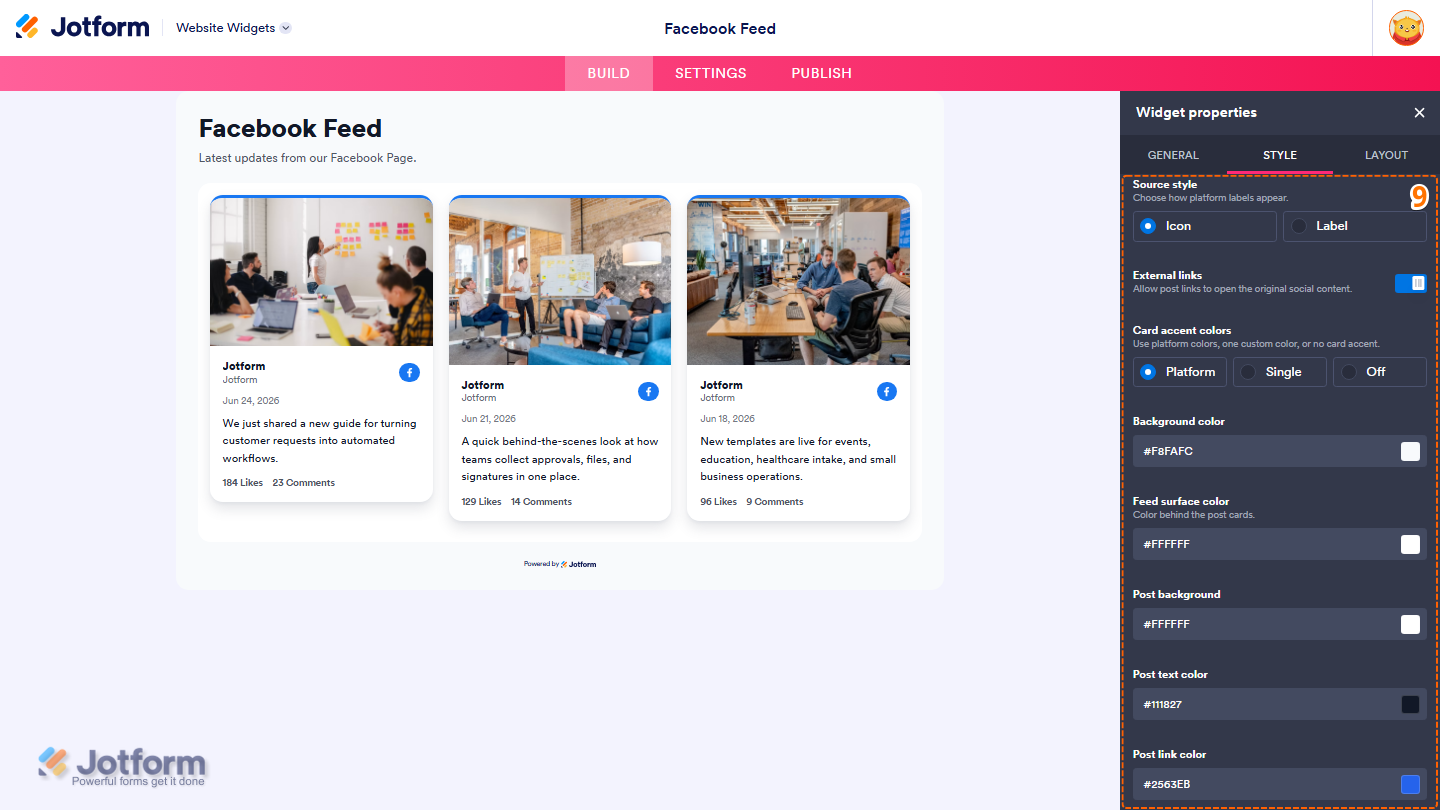 Jotform Website Widget Builder displaying the Style tab with customization options for Source Style, External Links, Card Accent Colors, Background Color, Feed Surface Color, Post Background, Post Text Color, and Post Link Color to personalize the Facebook Feed widget