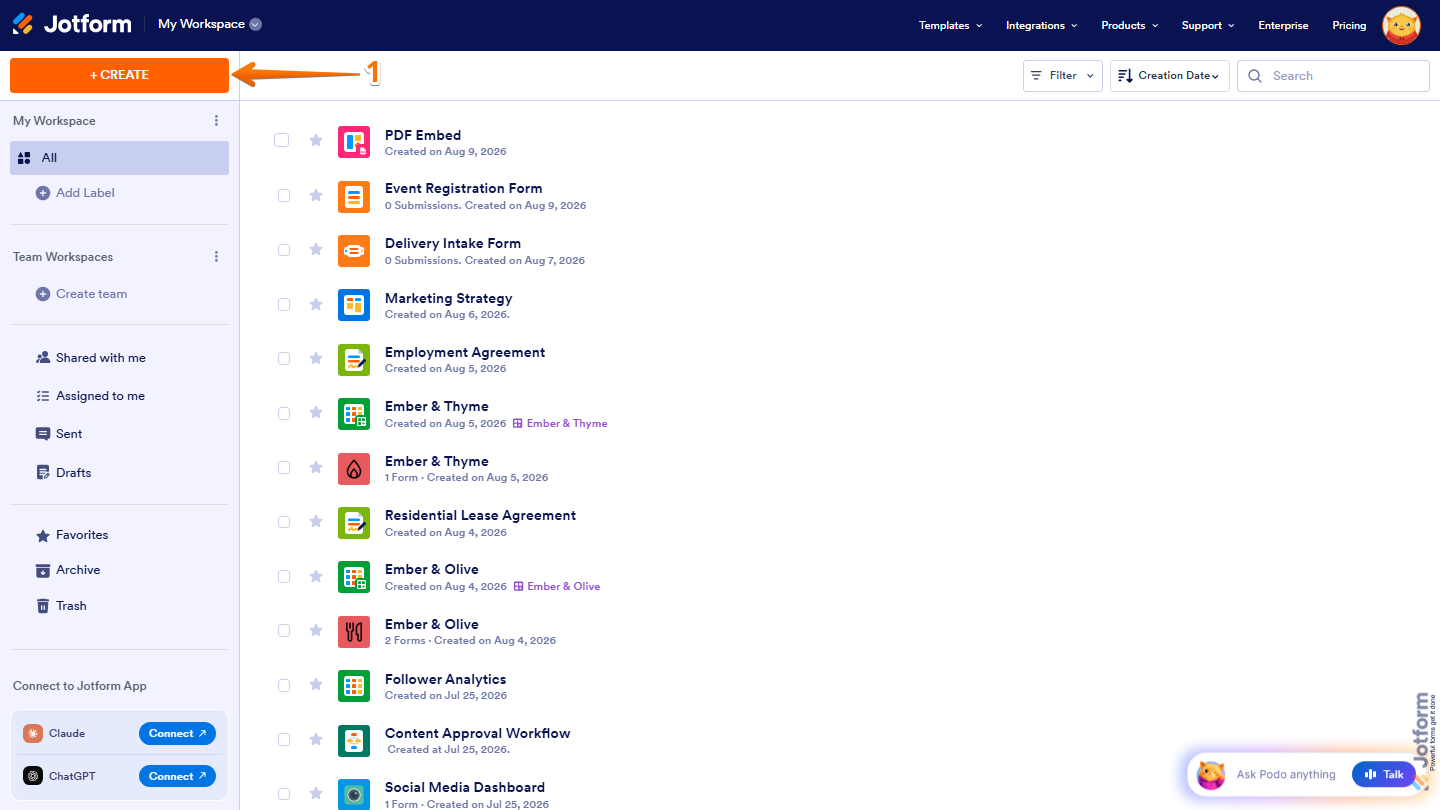Jotform Workspace page with the Create button visible in the top-left corner for starting a new Jotform project