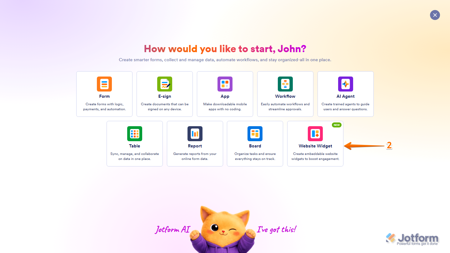 Jotform Workspace Create menu showing the Website Widget option for creating a new website widget