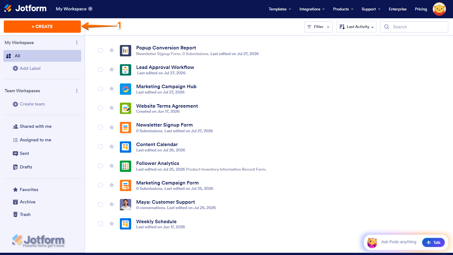 Jotform Workspace with the Create button highlighted in the top-left corner, used to create a new website widget