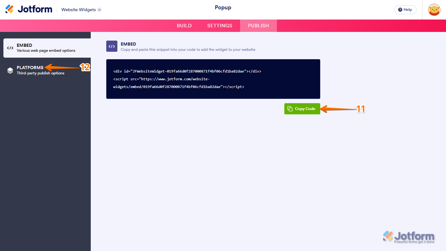 Jotform Embed page displaying the Copy Code button for copying the published Popup widget embed code and the Platforms option in the left-side menu for viewing platform-specific embedding instructions