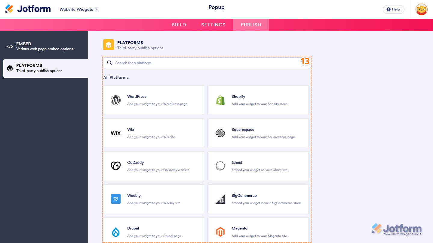 Jotform Embed page displaying the Copy Code button for copying the published Popup widget embed code and the Platforms option in the left-side menu for viewing platform-specific embedding instructions