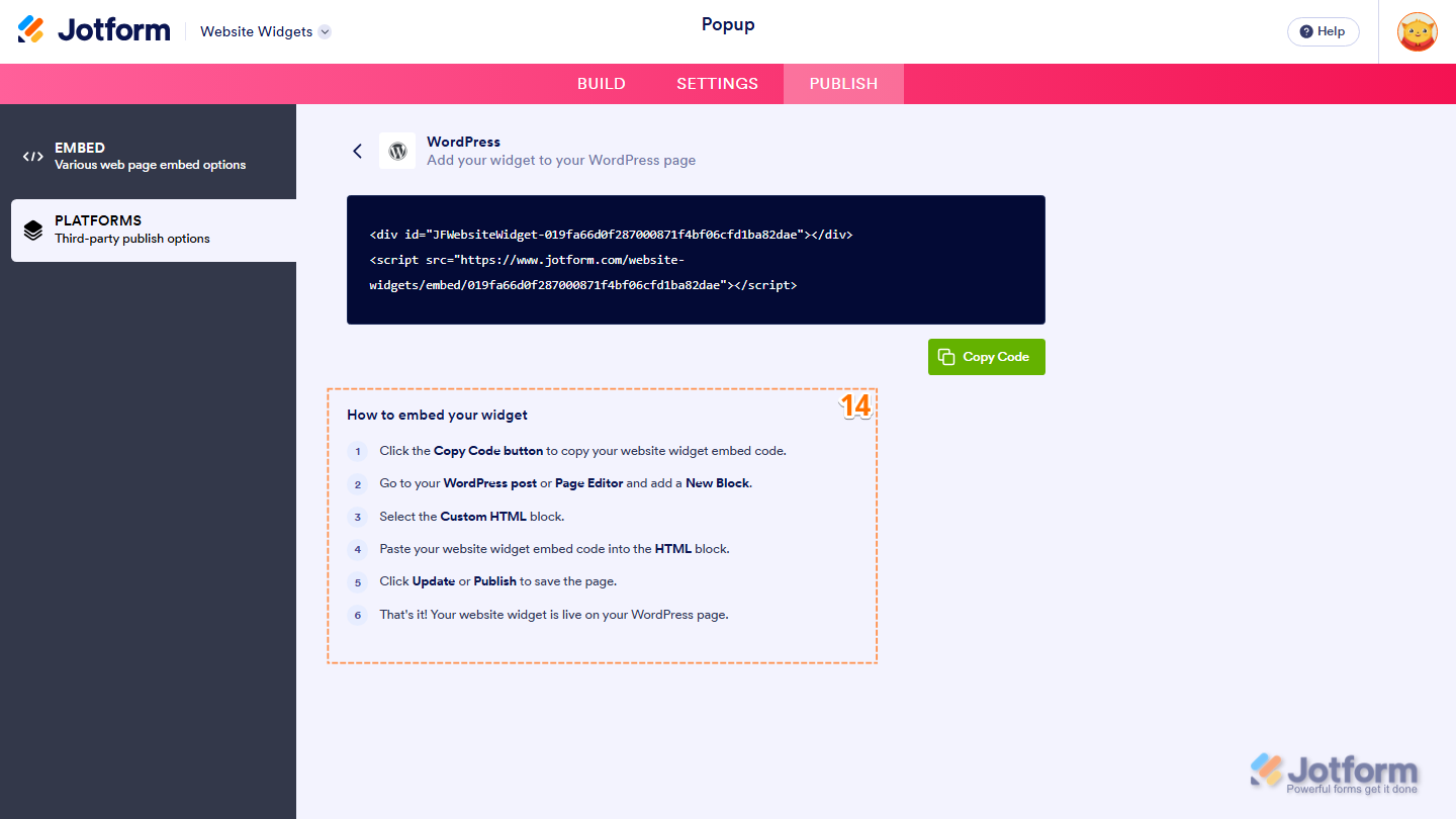 Jotform Embed page displaying the How to Embed Your Widget section with instructions for adding the Popup widget to a supported website platform