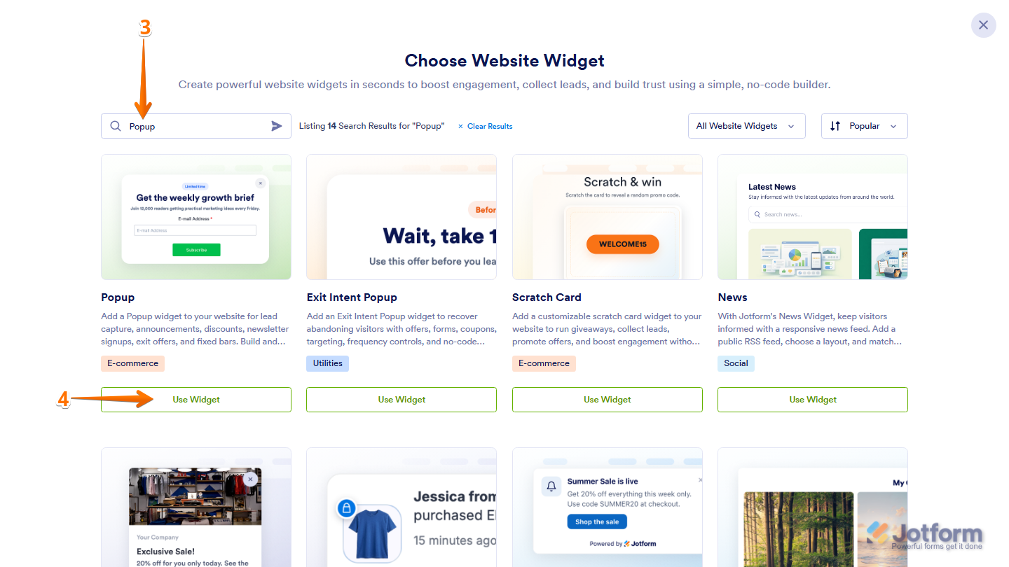Jotform Choose Website Widget window with Popup entered in the search bar and the Use Widget button visible on the Popup widget card in the search results