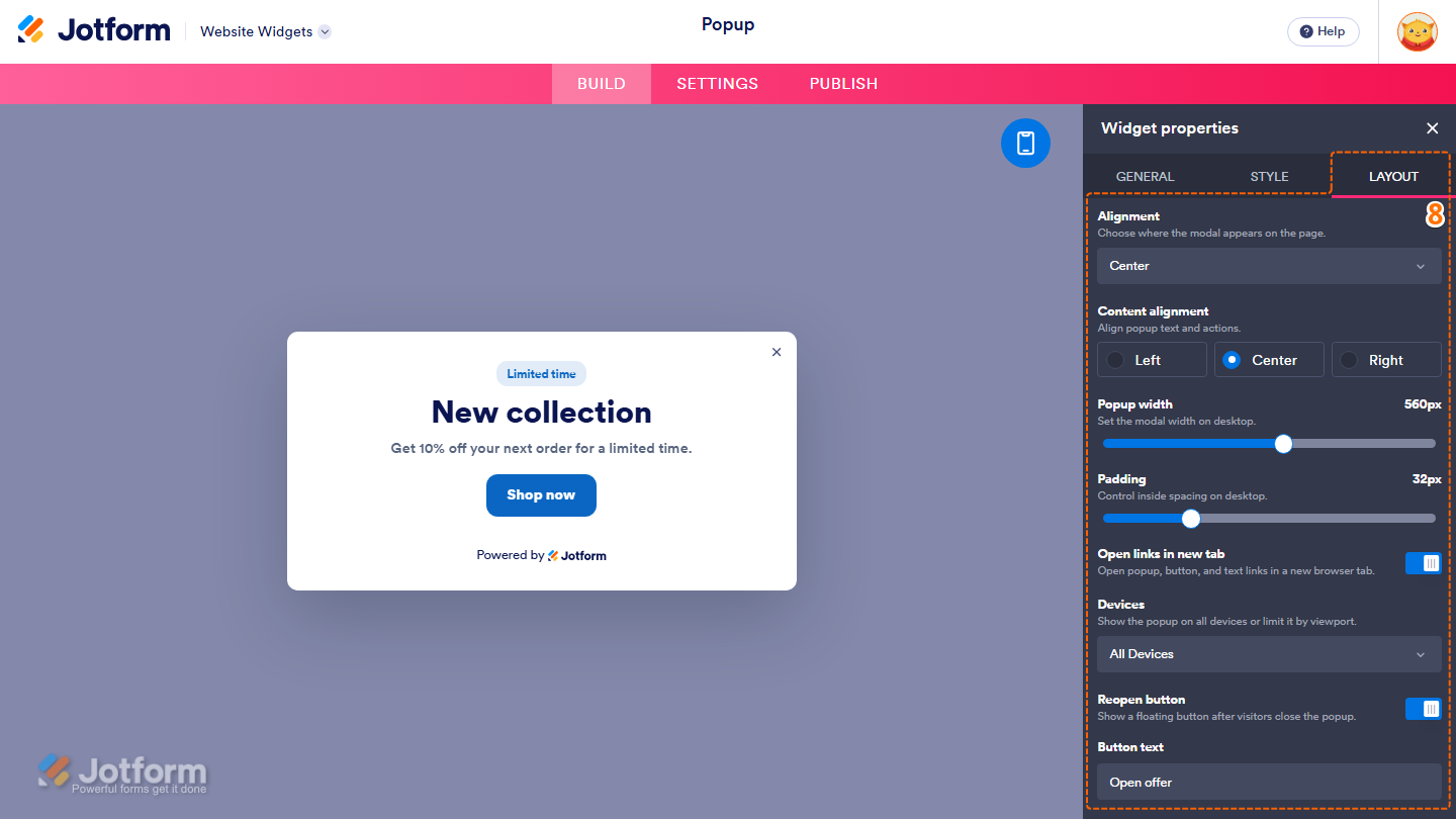 Jotform Website Widget Builder displaying the Widget Properties panel under the Layout tab with Alignment, Content Alignment, Popup Width, Padding, Open Links in New Tab, Devices, Reopen Button, and Button Text settings for configuring the Popup widget