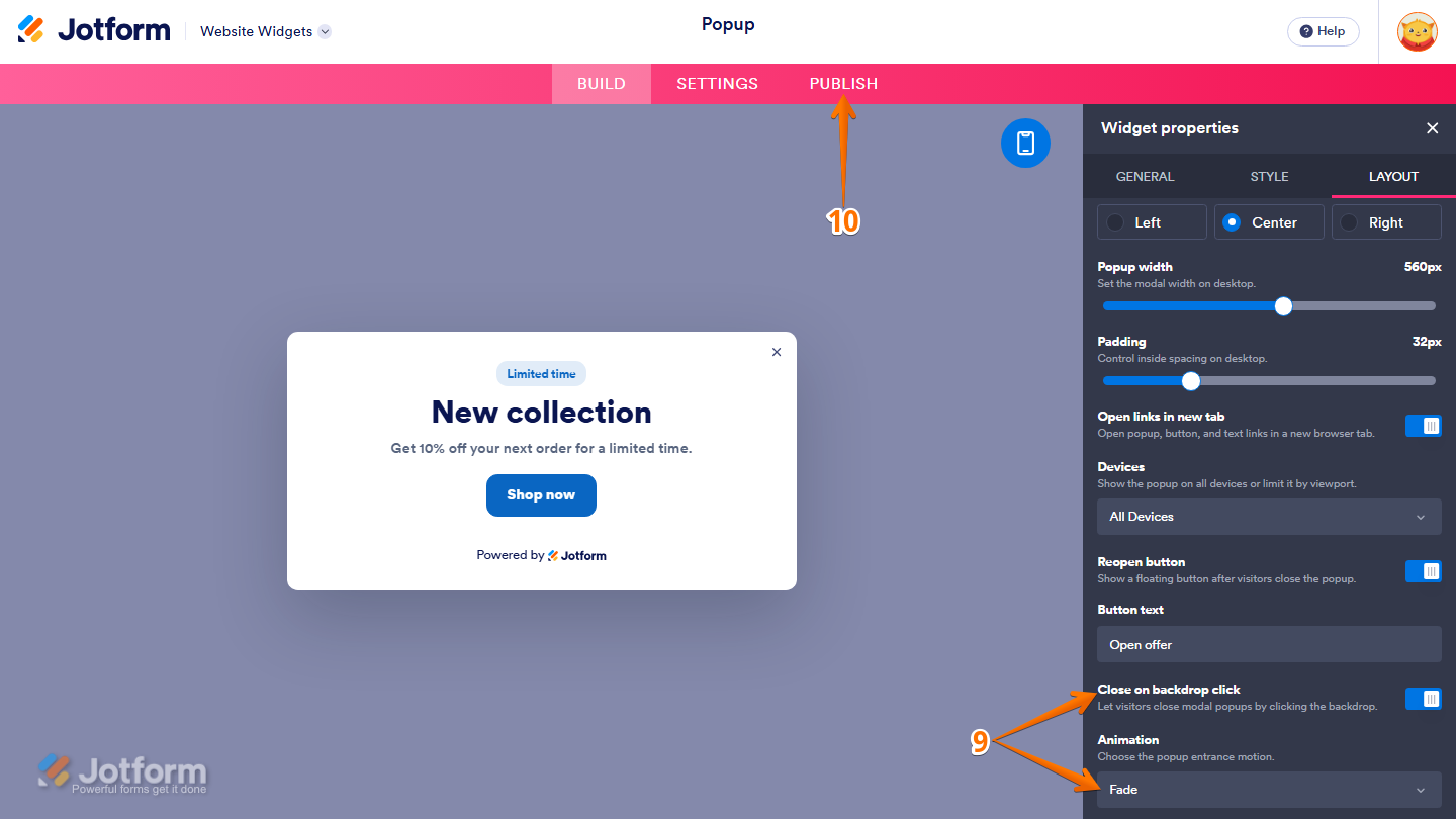 Jotform Website Widget Builder displaying the Widget Properties panel under the Layout tab with Close on Backdrop Click and Animation settings for the Popup widget, and the Publish button visible in the pink navigation bar at the top of the page