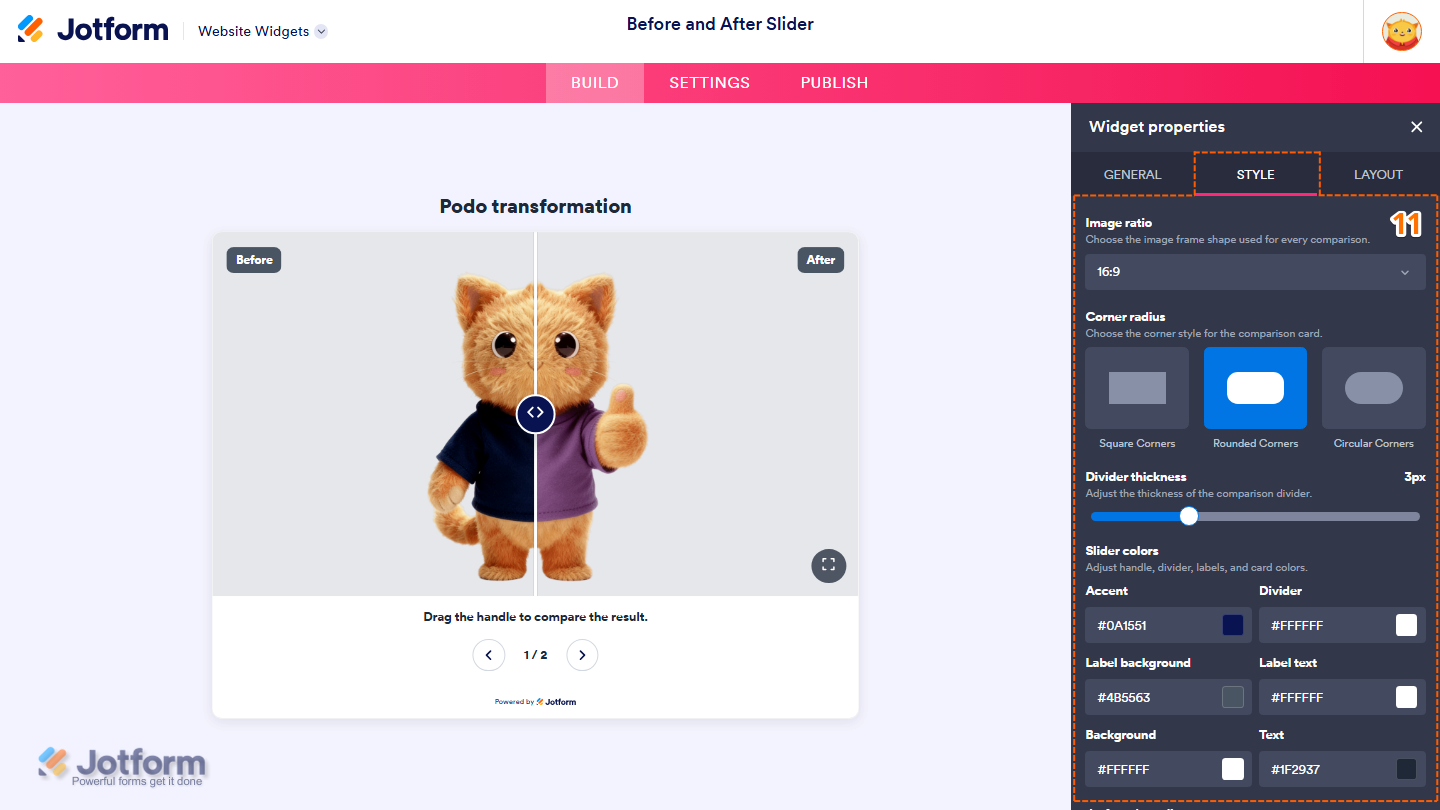 Jotform Website Widget Builder displaying the Widget Properties panel under the Style tab with customization settings for Corner Radius, Divider Thickness, Accent, Divider, Label Background, Label Text, Background, and Text colors for the Before and After Slider widget