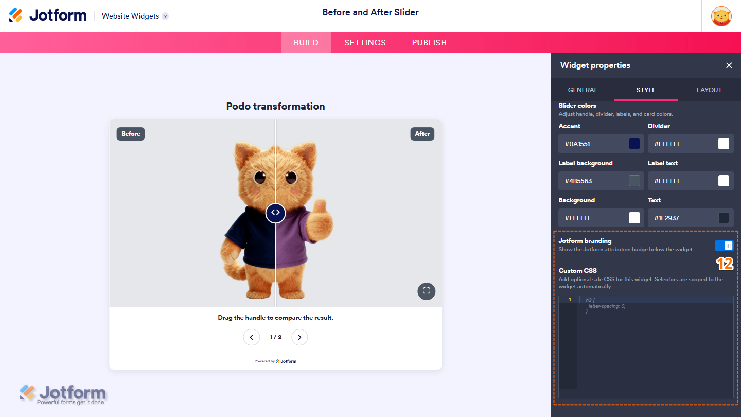 Jotform Website Widget Builder displaying the Widget Properties panel under the Style tab with settings for Corner Radius, Divider Thickness, Accent, Divider, Label Background, Label Text, Background, and Text to customize the appearance of the Before and After Slider widget